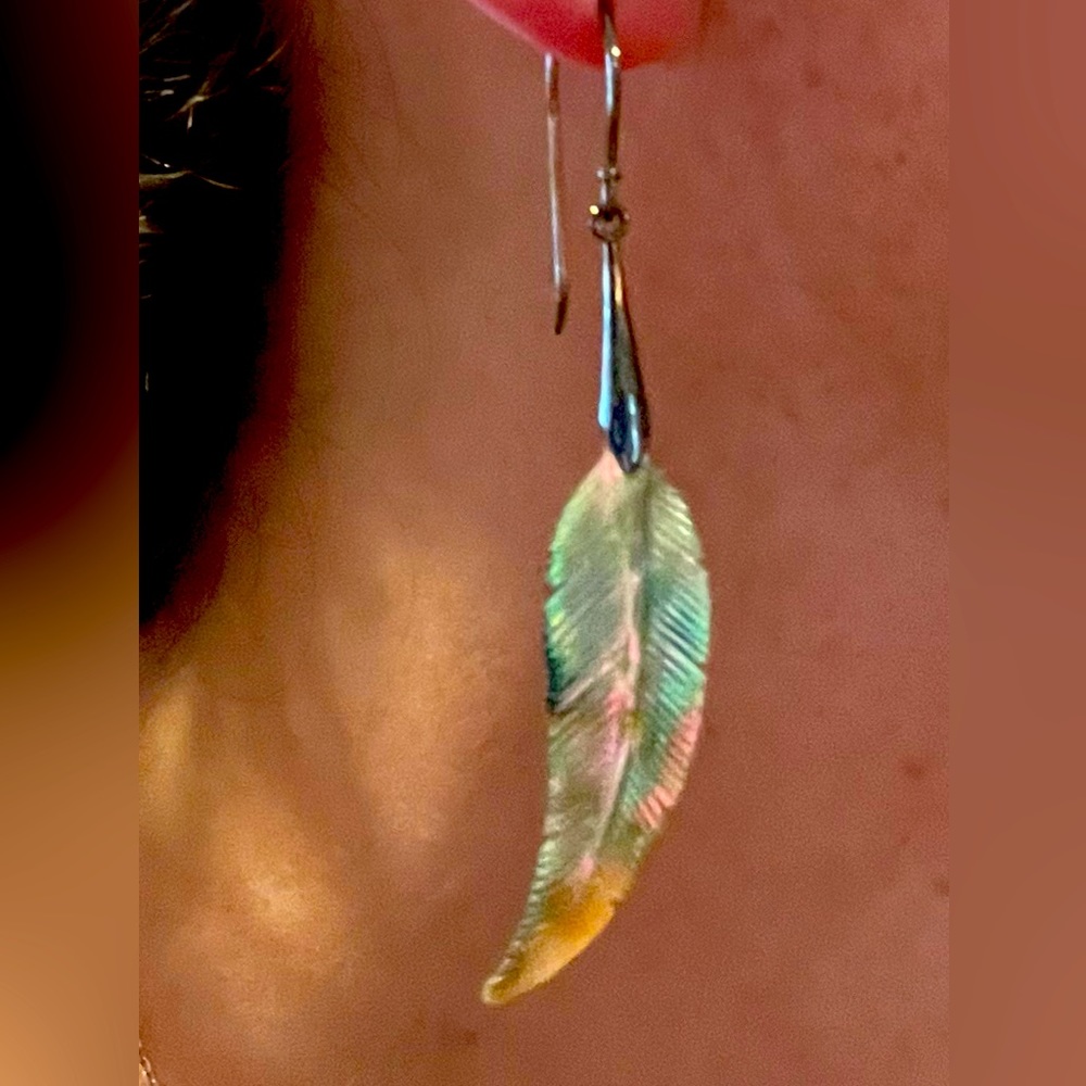 Real abalone shell dangle earrings in feather design